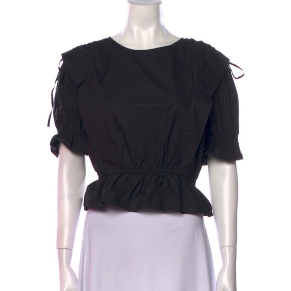 Frame Denim Tops - Frame Cinched Shoulder Tie Blouse Black Size Small Puff Sleeve Peplum Crop Top